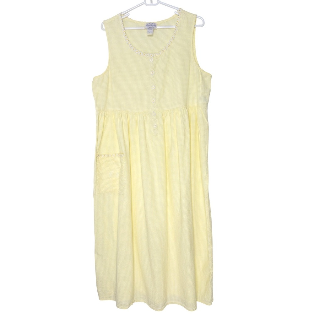 Lanz of Salzburg Yellow Gingham Seersucker Daisy Trim Dress 1X Cotton
